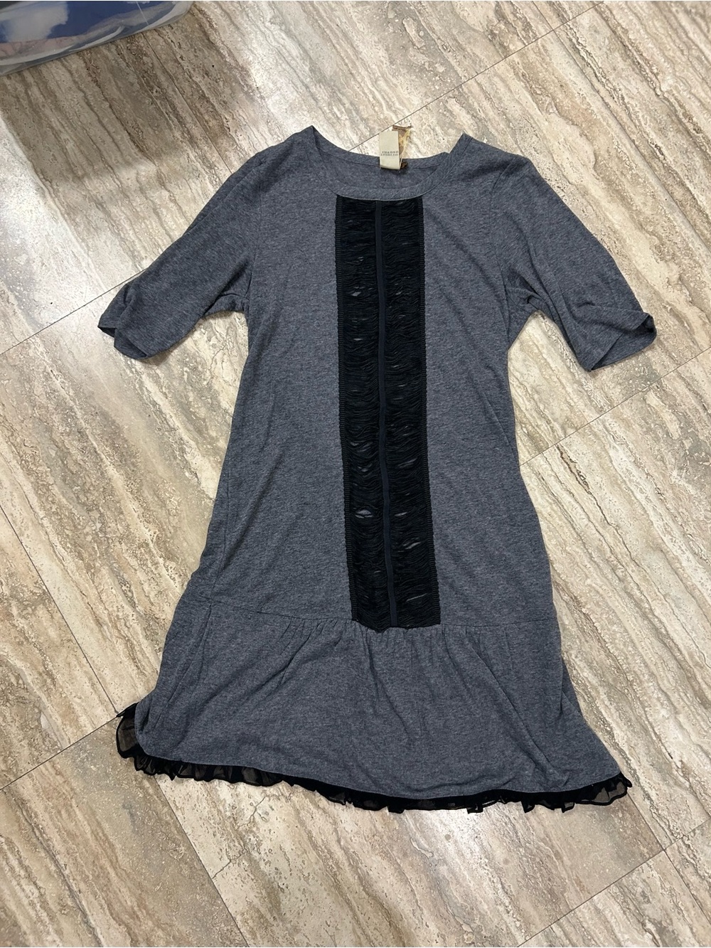 Vintage Gray Mini Dress with Black Lace Panel